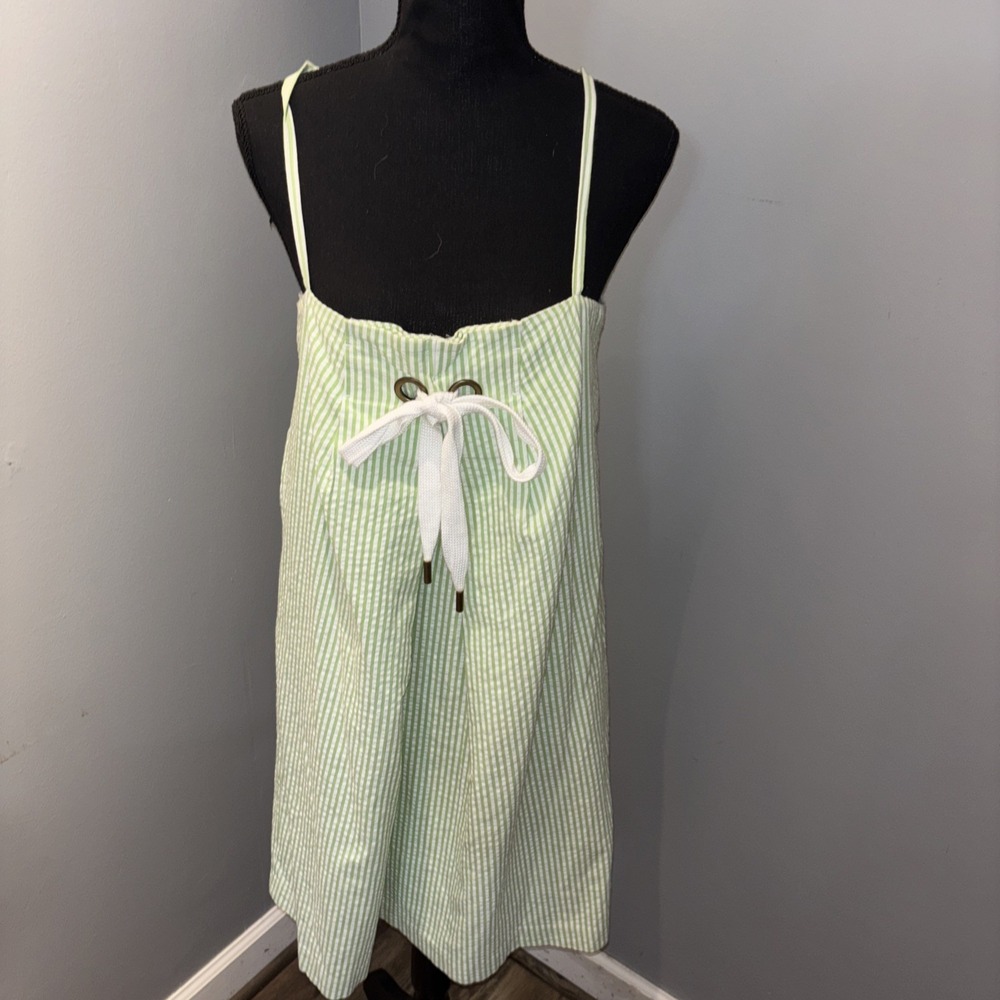 Paul & Joe Sister Green White‎ Stripe Puckered Cotton Spaghetti Strap Retro Sz 8
